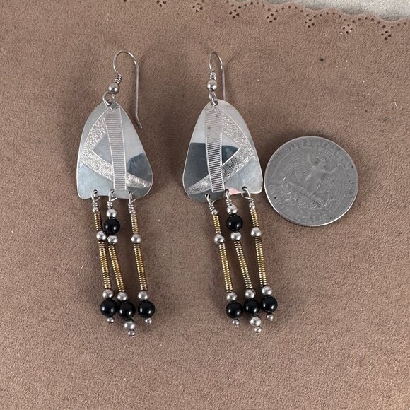 Vintage Disco Mod Earrings Sterling Silver Black Onyx with Gold Tone Coiled Wire - Picture 3 of 5